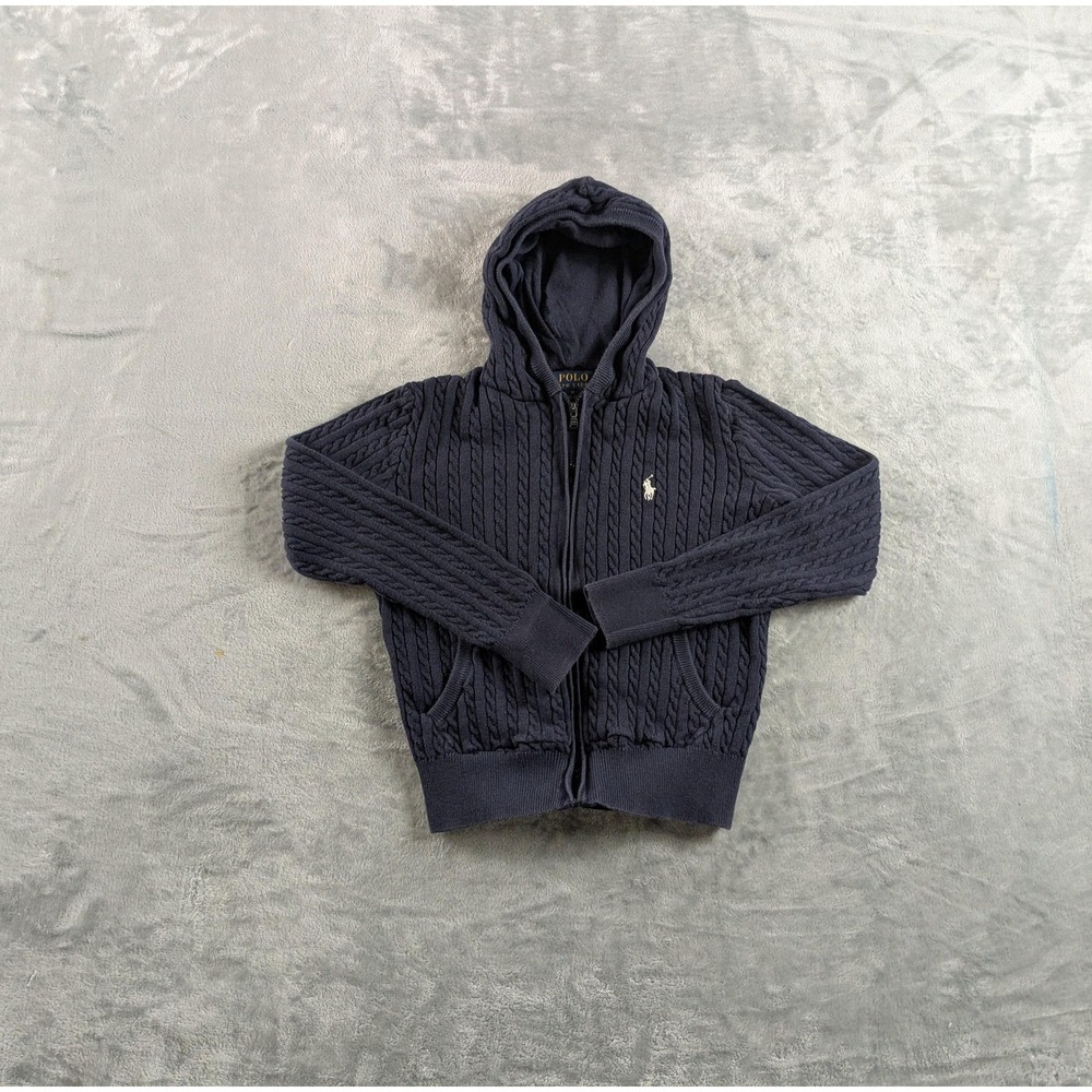 Polo Ralph Lauren Sweater Youth Medium 8-10 Navy Cable Knit Full Zip Hoodie